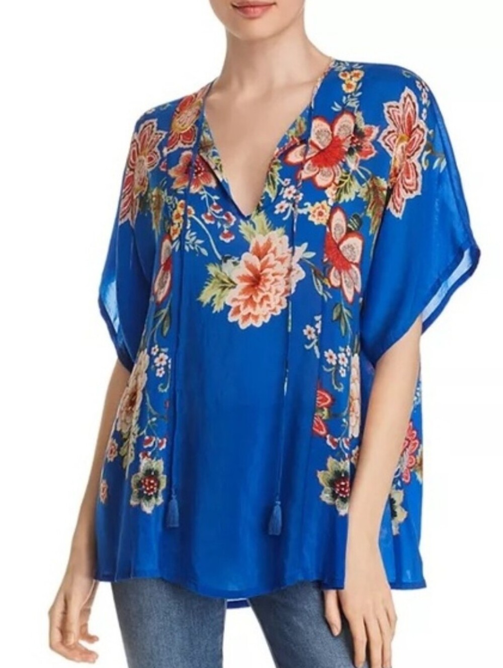 Johnny Was Zadie Blue Floral Tassel-Tie V-Neck Top